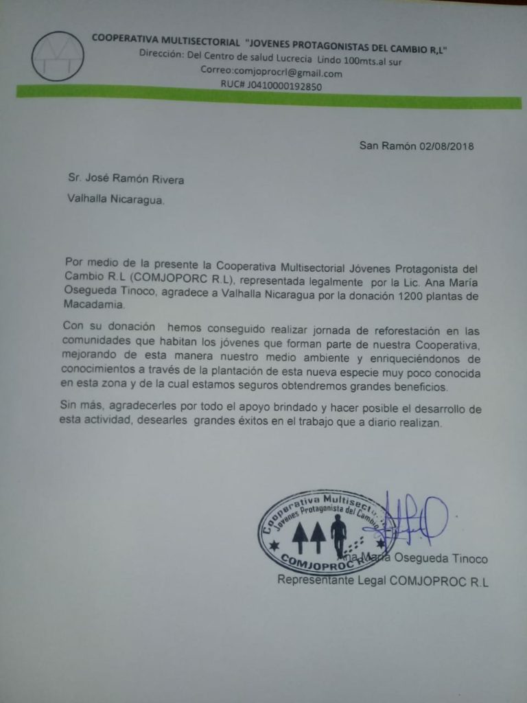 Donación de 1200 árboles a Corporación Multisectorial de Jóvenes Protagonistas del Cambieo, en San Ramón, Matagalpa, NICARAGUA